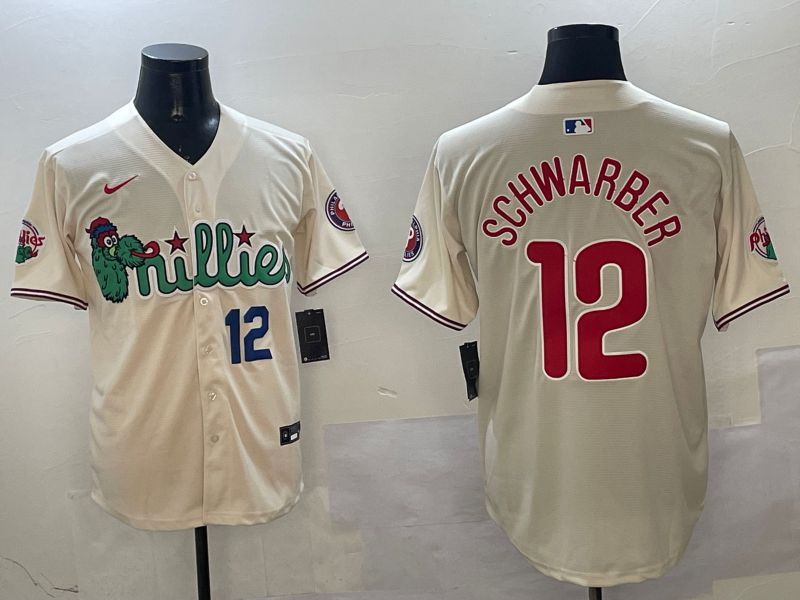 Men Philadelphia Phillies #12 Schwarber Cream Three generations Joint Name Game 2025 Nike MLB Jersey style 2